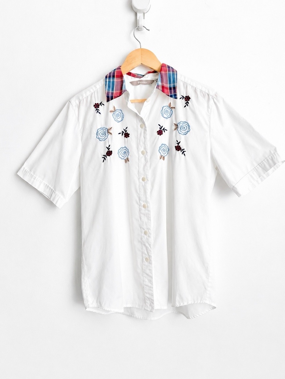 Vintage TanJay Embroidered Plaid Collar Blouse Cottagecore Size 12